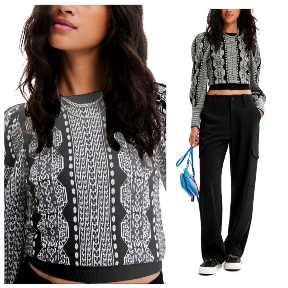 Desigual Balloon-sleeve Sweater Jumper In Black Size Small Slight Crop